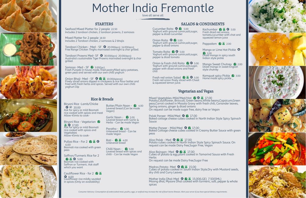 Dine In Menu Mother India Fremantle